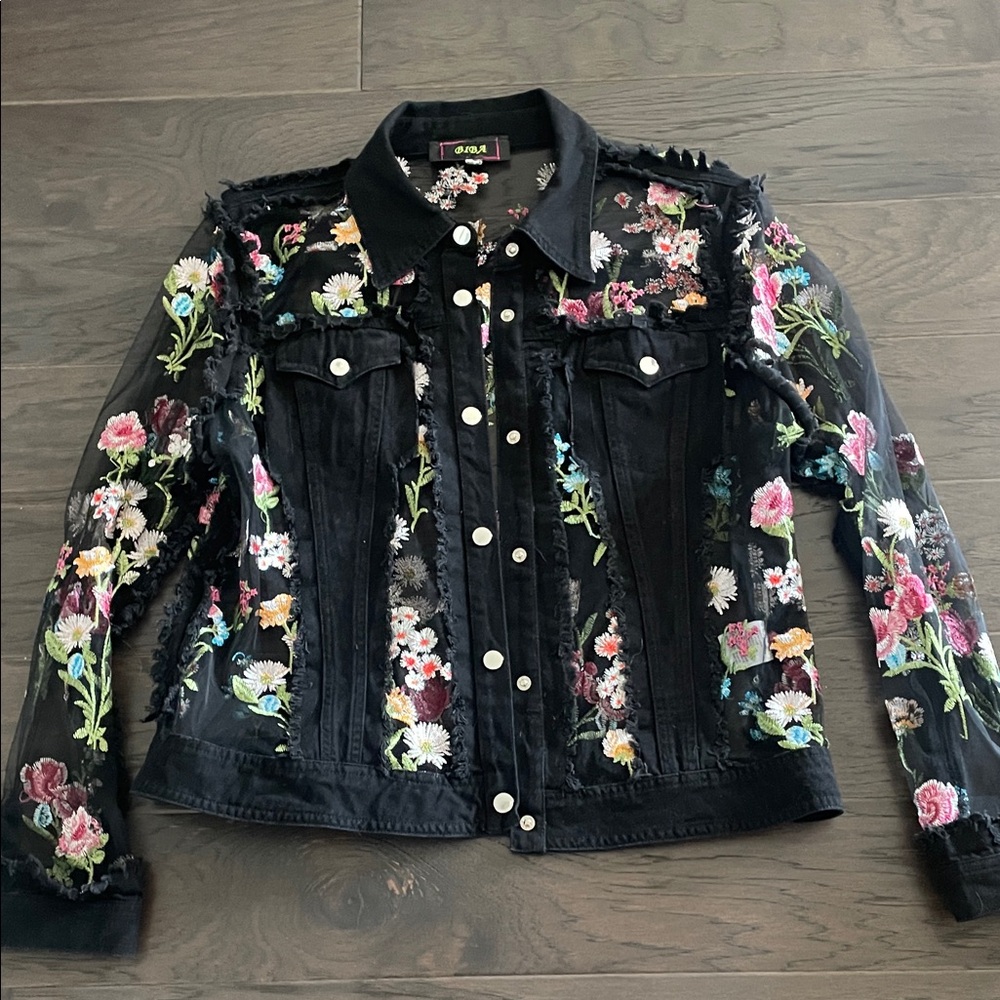 Biba Black Jean Jacket with Floral Embroidery